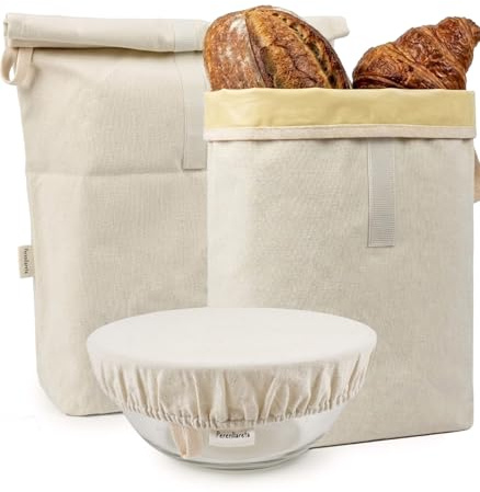 Perenllareta Hook&Loop Cotton Bread Bag with Beeswax Lining 2Pack, 16.5x12.5in Unbleached Cloth Bees Wax Lined Storage Bags for Homemade Sourdough Loaf with Reusable Bowl Cover Set
