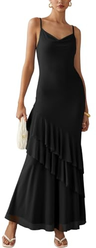 AOWVUTS Vestito Lungo Donna Abito Sexy Spaghetti Strap Bodycon Vestito Senza Maniche Abito Maxi con Volant Elegante Vestiti Aderente Scollo a V Estivo Abiti da Cocktail Sera Festa Cerimonia