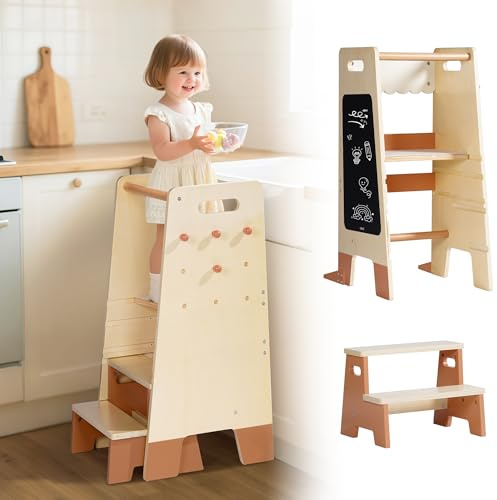ROBUD Lernturm für Kleinkinder mit abnehmbarem Tritthocker, 2-in-1 Lernturm aus Holz mit Tafel, 3-fach höhenverstellbar, Küchenhelfer-Tritthocker für Kinder von 2-6 Jahren