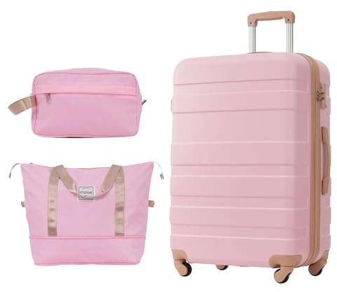 Senmate Valigia Cabina Rigida 24 Pollici, Valigia a Mano con 4 Rotelle 360° Silenziose, Espandibile (+5cm), ABS, Manico in Alluminio,con beauty case, valigia con ruote (Rosa)