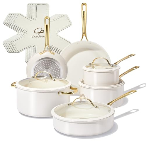 Chef Power Ceramic Cookware Sets, 15Pcs Pots and Pans Set Non Stick, Cookware Set with Stainless Steel Handle, Dishware & Oven Safe, Cream White and Light Gold Handle