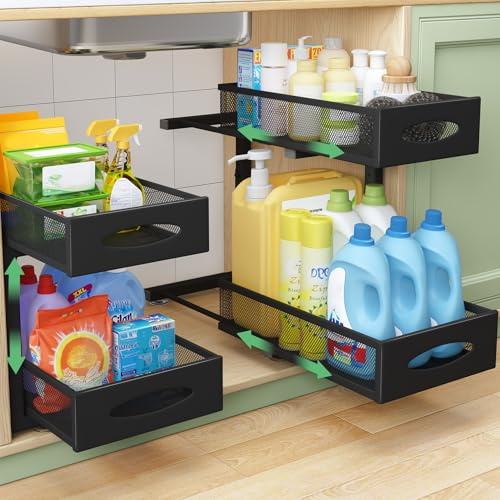 Kitstorack Under Sink Storage and Organization - Height Adjustable Pull Out Drawers with Sliding Mesh - 2 Tier Metal Organiser Shelf for Kitchen, Bathroom & Cupboard (Black)