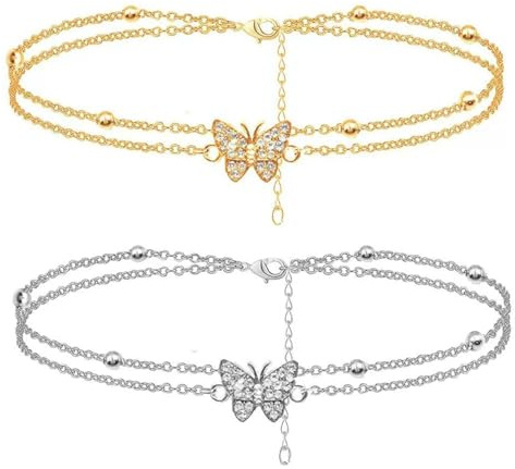 2 Bracelets De Cheville, Bracelets De Cheville Double Couche en Forme De Papillon, Décorations De Cheville Féminines, Pièces Assorties pour La Mode Estivale (Or, Argent).