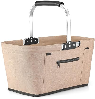 Yeabett 30 l vikbar shoppingkorg med 4 stödstänger | stabil bärkorg och picknickkorg | stor hopfällbar korg för familj (46 x 27 x 25 cm) | Med vadderade handtag | för shopping, resor, camping (kaki)