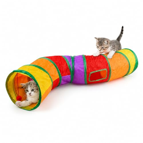 116cm S-Shape Cat Tunnel - Colorful Collapsible Play Tunnel for Indoor Cats, Rabbits and Kittens - Durable Pet Tube Toy