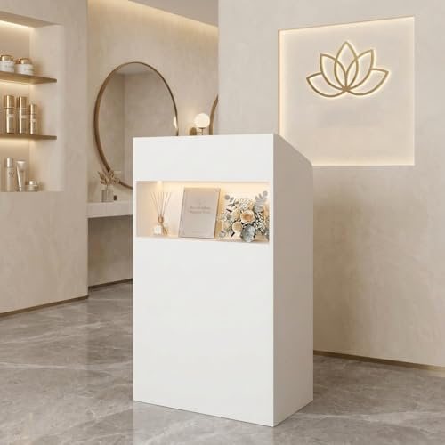 DEZAGCE White Reception Desk with LED Lights & Lockable Drawer - Salon Counter