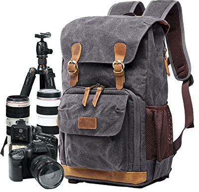 YUHAN Camera Bag, Canvas SLR DSLR Camera Backpack Large Capacity Front Open Waterproof Anti-shock Camera Rucksack Camera Travel Bag Professional Camera Lens Organizer Gray