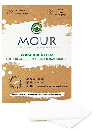 MOUR - Waschmittel streifen - 64 Waschgänge - 100% Vegan und Plastikfrei - Biologisch abbaubar - Nachhaltige waschmittel - Frische Duft
