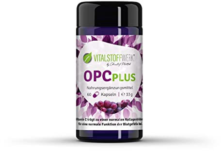 OPC Plus, Traubenkernextrakt Kapseln, 60 Stück; VITALSTOFFWERK®, OPC Kapseln mit Extrakt aus Trauben Kernen + natürliches Vitamin C, E - Tagesdosis 680 mg OPC