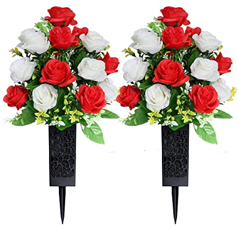 LVXINLI 2 Sets Artificial Cemetery Flowers,Memorial Flowers,Beautiful Arrangements for Headstones,Black Plastic vase with Drainage Hole Long Spikes Outdoor Memorials (Red and White)…