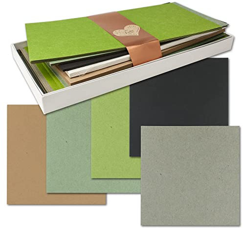 25x Quadratisches Faltkarten SET aus Kraftpapier 15,0 x 15,0 cm - Doppelkarten mit Briefumschlägen und Einlegeblättern - Braun, Grün, Hellgrün, Schwarz, Grau