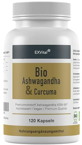 Bio Ashwagandha KSM-66 & Curcuma, 120 vegane Kapseln, 100% Premiumrohstoff in Bioqualität, hochdosiert mit 2100 mg Ashwagandha & 1800 mg Curcuma pro Tag, Made in Germany