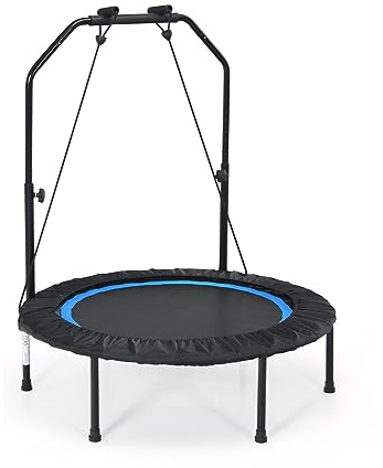 GYMAX Mini Trampolino Elastico Fitness, con 6 Supporti, 2 Cordini Elastici e Manubrio, Design Pieghevole e 4 Altezze Regolabili, Per Casa, Palestra, Blu (Blu)