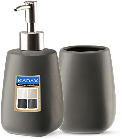 KADAX Lot de 2 accessoires de salle de bain en céramique, accessoires de salle de bain, distributeur de savon, gobelet de salle de bain, porte-savon et brosse WC (gobelet et distributeur anthracite)