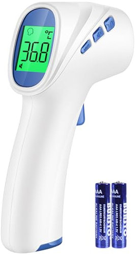 Fieberthermometer kontaktlos für Babys Kinder und Erwachsene, Infrarot-Stirnthermometer mit Fieberalarm, LCD-Display, sofortige genaue Messwerte, Weiß_Blau