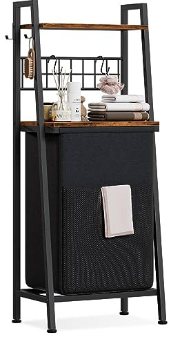 Furnulem Laundry Hamper, Vertical Laundry Basket with 2 Tiers Wooden Shelf and Hooks, Clothes Hamper with Pull-Out and Removable Bag for Bathroom, Bedroom, Dorm, 13.21 Gallons (50L)