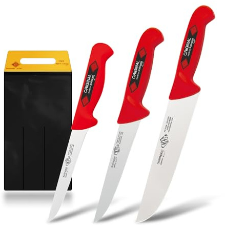 EIKASO Solingen Metzgermesser Set Schlachtmesser-Set 3-Teilig Profi Messerset aus Molybdänstahl 1.4116 eisgehärtet mit rutschfestem Griff für Profis und Privat (Rot)