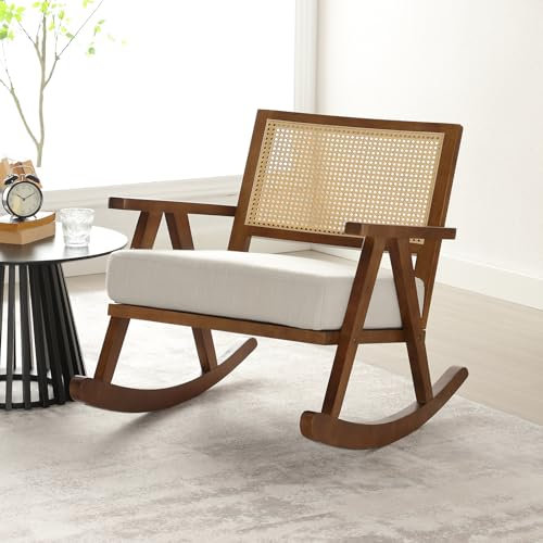 chairus Gepolsterter Schaukelstuhl für Wohnzimmer Leinen Relaxsessel mit Rückenlehne aus Rattan Schaukelsessel mit Massivholzbeinen für Schlafzimmer (Braun)