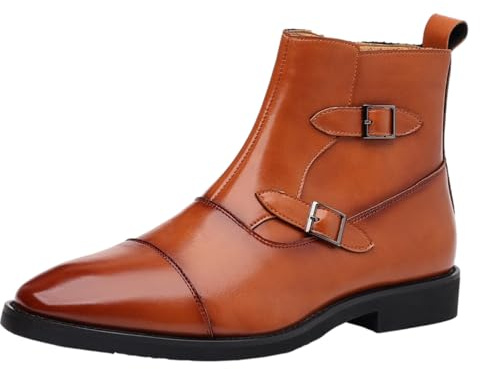 Jamron Homme Élégant Bout Pointu Bottines à Boucles Fermeture Éclair Cuir Synthétique Bottes Habillées Marron SN0711146 EU44.5