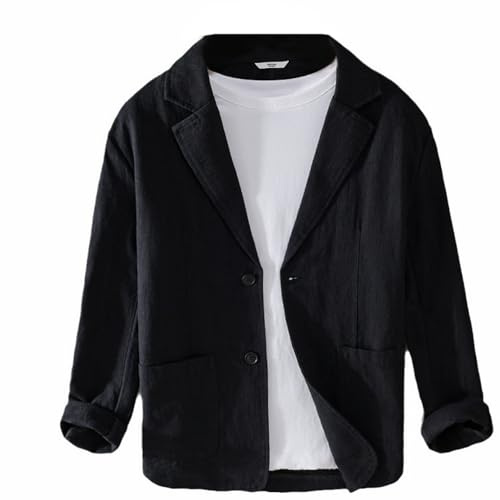 GIBZ Giacca da Uomo in Lino Primavera Estate Giacche da Abito Semplice Versatile e Ampia con Risvolto Dentellato Cappotto Blazer Sportivo a 2 Bottoni con Tasca Nero L