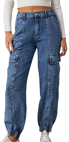 Barrel Pantalon en jean pour femme - Taille haute - Jambes larges - Ballon ample - Pantalon baggy - Pantalon sarouel en denim - Pantalon cargo avec plusieurs poches - Pantalon 7/8, Bleu A1., S