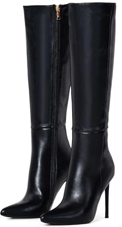 Zhabtuc Kniehohe Stiefeletten für Damen, 10 cm Stilettoabsatz, spitze Zehenpartie, breite Wadenstiefel, bequeme Kampfstiefeletten aus Kunstleder, schwarz matt, 39 EU