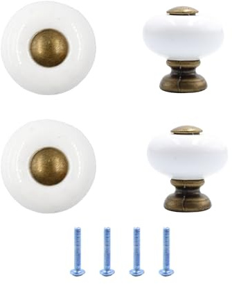 AUXBC 1” Ceramic Round Knobs, Antique Brass and Ceramic Cabinet Knobs, White Furniture Knobs, Mini Drawer Handle Pulls for Drawer Closet Dresser Cupboard Wardrobe Door Kitchen, 4pcs