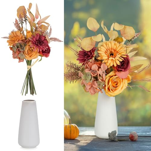 BLOSMON Autumn Flowers Artificial in Vase: Fall Fake Flower Bouquet in Vases for Table Centrepieces - Orange Red Faux Silk Arrangements Home Party Decorations
