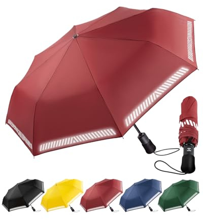 Chakipee Parapluie Pliant Resistant Vent Fort Réfléchissant Dm100cm - 8 Sections de Poche Compact Automatique Solide Parapluies Rouge- Anti Vent Tempete Armature Pour Hommes Femmes
