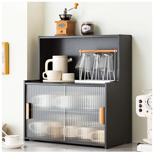 Elegante armario de cocina de pie con puertas de cristal, estantes ajustables, espacio para microondas, almacenamiento en el suelo para sala de estar y cocina, grande 61 x 55 cm.