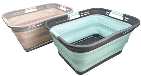 SAMMART Set of 2 Collapsible Plastic Storage Basket - Foldable Pop Up Storage Container - Portable Laundry Organizer - Space Saving Hamper (Pink+Lake Green, 42L (Stil A))