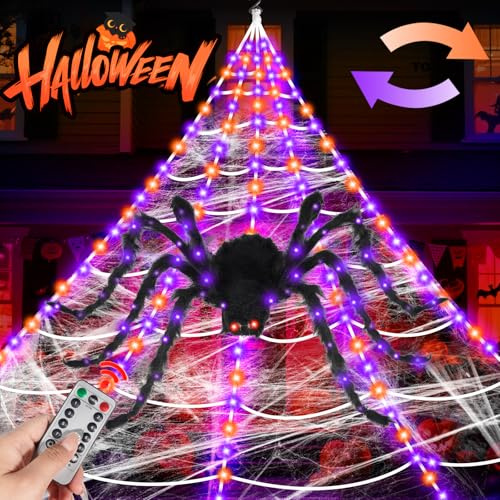 Halloween Spider Web Decoration Outdoor 200 LED 16.4FT Spider Web Lights with 59 Light Up Giant Spider 8 Lighting Modes Waterproof for Party Garden Home Costumes Yard Haunted House Décor