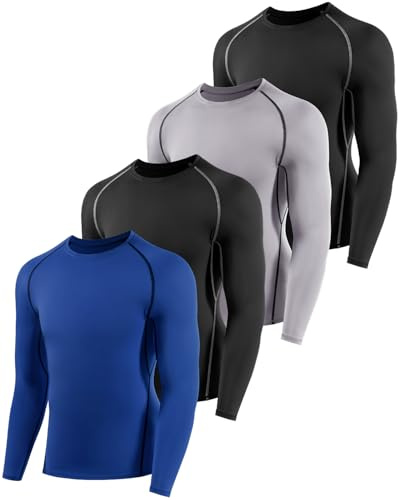 Orrfreer 4 Pack Boys' Long Sleeve Base Layer Top, Kids Compression Shirt Moisture-Wicking Athletic Sports Undershirt Quick Dry Breathable, Football Running Baselayer Tops Black/Grey/Black/Navy Blue L