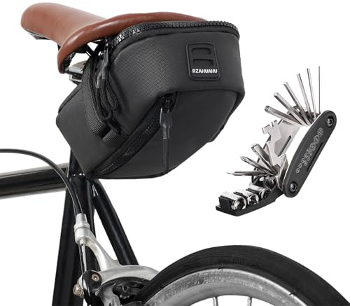 Fyfjur Piccola Borsa Sottosella Bici da Corsa Impermeabile, Grande Capacità Borsa Sottosella Mtb con 2 Scomparti e Multitool Mtb 16 in 1 per Cellulare, Piccola Pompa, Multiutensile (18,5*12*7,5 cm)