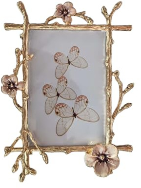 KINBENNOBLE pink flower picture frame, 5x7 decorative metal photo frame, gold branches frame with pink flower.