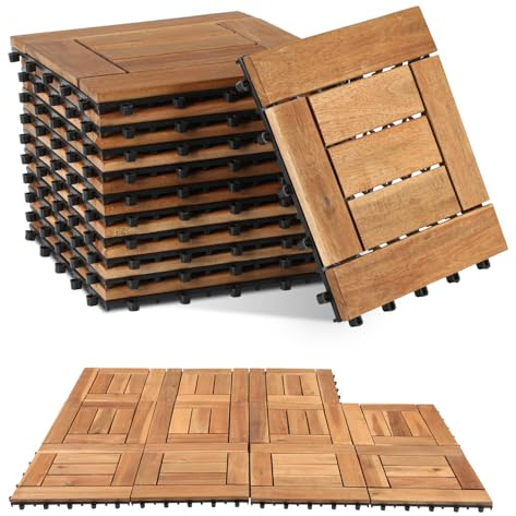Cecaylie 110-pack träplattor av akaciaträ, 7 ribbor kakel terrassplattor, 30 x 30 cm – 10 m², balkongplattor för balkong, trädgård, terrass, golvbeläggning enkelt, snabbt, praktiskt placerat