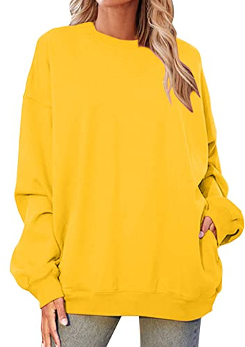 Genérico Sudaderas Mujer Manga Larga Sudaderas sin Capucha Cuello Redondo Suéter Casual Holgada Sweatshirt Deportes de Jogging Blusas Pullover para Primavera Otoño y Invierno (Yellow, S)