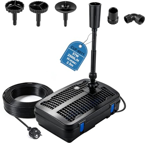 EXLECO Bomba para Estanque con Filtro UVC, 2500 L/h 57W, Fuente de Agua Decorativa con 3 Cabezales de Fuente, Medios Filtrantes, Accesorios de Tres Vías, Cable 10 Metros, para Jardin