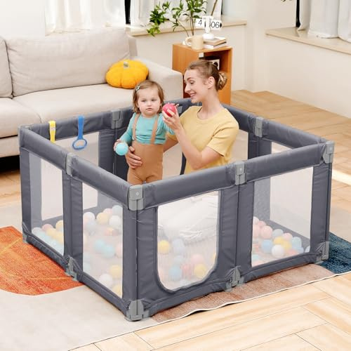 Dripex Small Foldable Playpen for Babies and Toddlers, 49×47 Small Baby Playpen, Indoor & Outdoor Safety Gate Collapsible Play Pen, Baby Fence Play Area with Visible Mesh, Grey