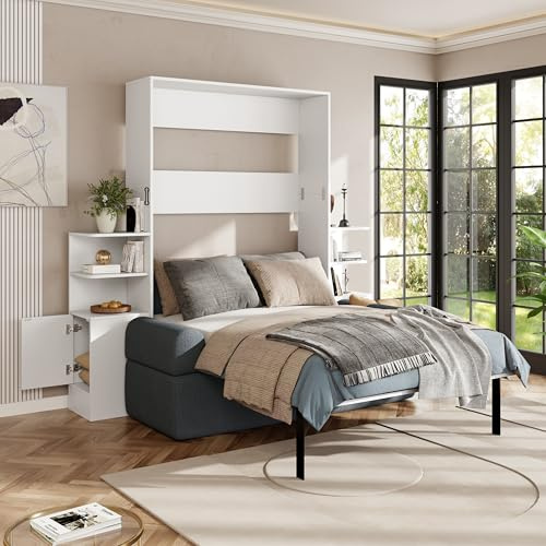 Murphy Bed Full Size with Upholstered Sofa & Storage Cabinets & Shelves,Full Foldable Wall Bed Cabinet with Headboard & Couch & Armrest,Space Saving Beds,Modern Hidden Beds for Guest Room,Home,Gray