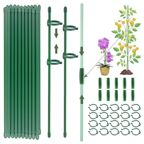 Kuvarix 20 Piezas Tutores para Plantas, Palos para Sujetar Plantas con 20 Clips Plantas 10 Tubos de Extensión, para Plantas para Orquídeas, Tomates, Peonías, Enredaderas (90 PCS)