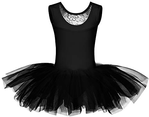 tanzmuster ® Ballettkleid Mädchen Tutu - Lottie - aus weichem Baumwollmaterial mit Spitzeneinsatz vorn und Tuturock Trikot fürs Kinder Ballett in schwarz, Größe:164/170