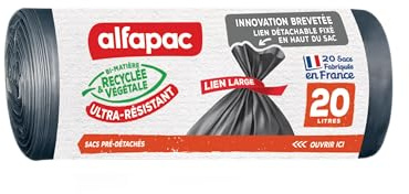 ALFAPAC - Sacs Poubelle à Lien Large - Ultra-Résistant - 74% Recyclé et 15% Végétal - Fabrication Française - 20 x 20L, Noir