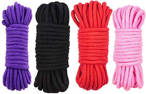 GiantGo 4 rouleaux de 5 mètres de corde en coton doux torsadé - Corde à nouer en coton doux - Cordon torsadé épais multifonctionnel - 8 mm de diamètre - Corde tressée solide, Noir, Rough, Rose, Violet