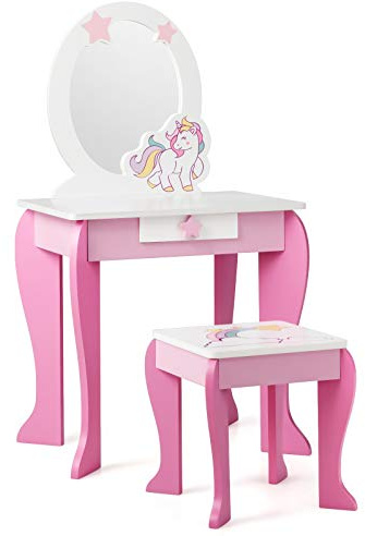 COSTWAY Sminkbord för barn med pall, prinsessa toalettbord med låda och avtagbar spegel, toalettbord rosa, sminkbord för flickor från 3–7 år (rosa)