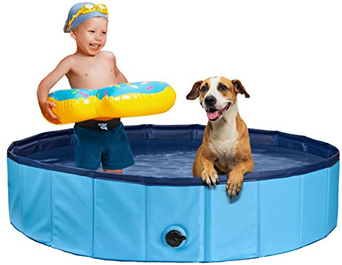 Stabiler Hundepool | Planschbecken für Hunde | Faltbarer Pool mit Ablassventil | rutschfeste Badewanne | Bällebad Kinder | Bälle Bad inkl. Badebürste & Reparaturset - Dog Pool 80x30 (Blue)