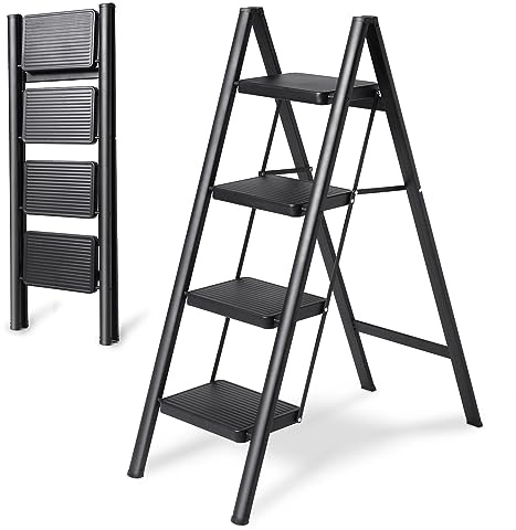4-Step Folding Ladder, Heavy Duty Ladders for Home & Kitchen, Folding Ladder Easy to Store, Tall Ladder for Adults, Anti-Slip & Space-Saving Step Ladder, 330 Lbs Capacity
