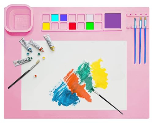 TENQUAN Silicone Painting Mat 20x16 Silicone Craft Mat with Removable Cup Paint Tray Brush Holder Collapsible Art Mat for Crafting Drawing Cutting Beading DIY Handmade Art(Pink)