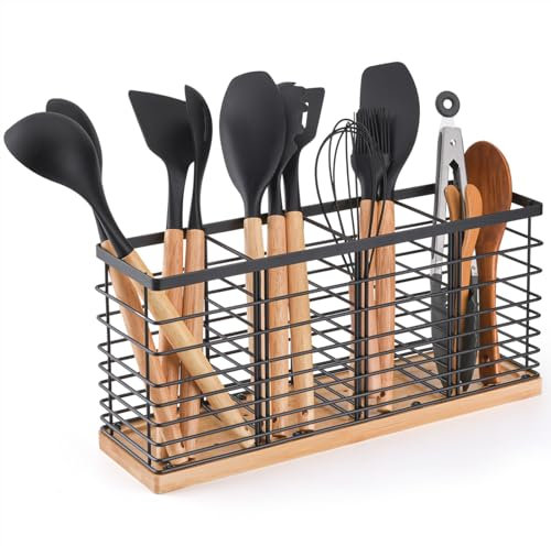 Black Stainless Steel Utensil Crock with Wooden Base, 4-Compartment Kitchen Countertop Organizer
