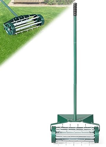 COSTWAY Aérateur à Gazon Roulant de 46 cm, Scarificateur Manuel à Pointes Rotatives avec Large Écran de Protection Longue Poignée pour Pelouse Gazon Jardin 46 x 15 x 127 cm, Vert